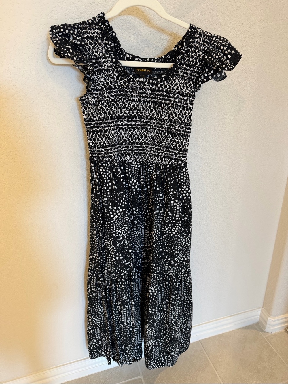 Sugarlips Black & White Smocked Midi Dress with Flutter Sleeves